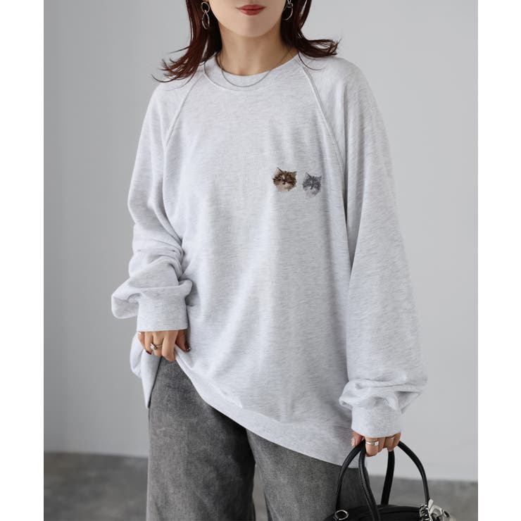 ネコ刺繍ラグランオーバーサイズ薄手スウェット | Riberry | 詳細画像11 