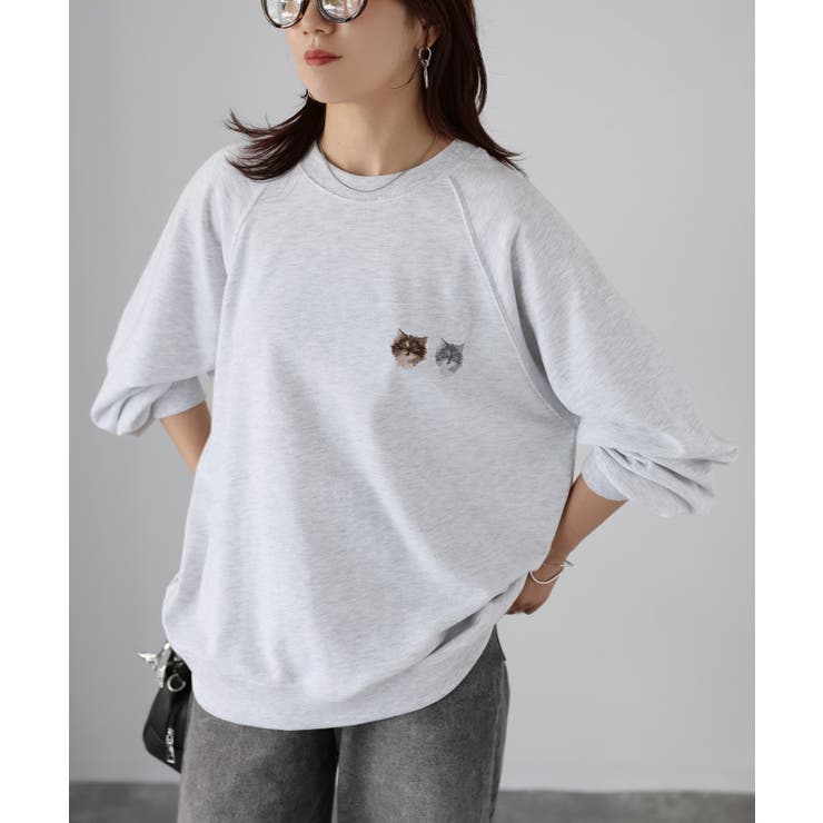 ネコ刺繍ラグランオーバーサイズ薄手スウェット | Riberry | 詳細画像16 