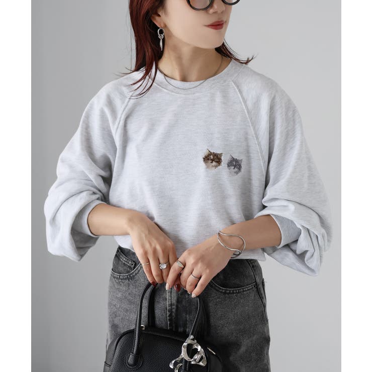 ネコ刺繍ラグランオーバーサイズ薄手スウェット | Riberry | 詳細画像2 