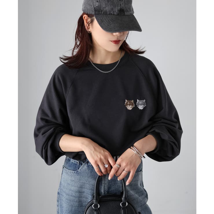 ネコ刺繍ラグランオーバーサイズ薄手スウェット | Riberry | 詳細画像24 