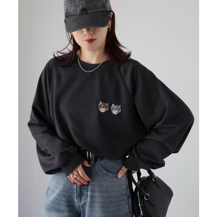 ネコ刺繍ラグランオーバーサイズ薄手スウェット | Riberry | 詳細画像27 