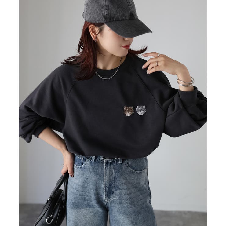 ネコ刺繍ラグランオーバーサイズ薄手スウェット | Riberry | 詳細画像30 