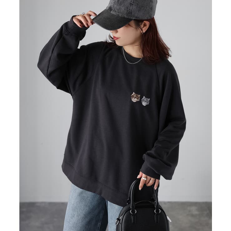 ネコ刺繍ラグランオーバーサイズ薄手スウェット | Riberry | 詳細画像32 