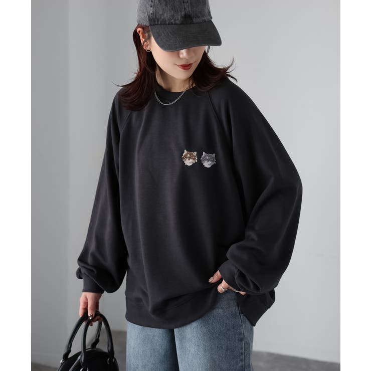 ネコ刺繍ラグランオーバーサイズ薄手スウェット | Riberry | 詳細画像33 