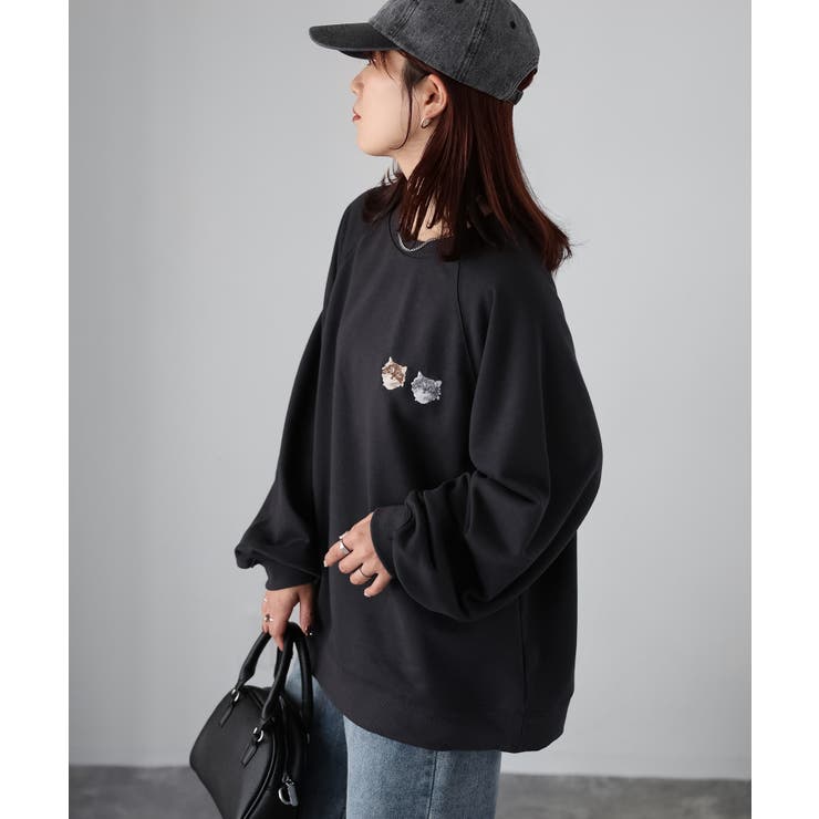 ネコ刺繍ラグランオーバーサイズ薄手スウェット | Riberry | 詳細画像34 