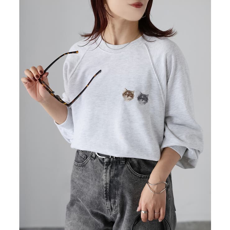 ネコ刺繍ラグランオーバーサイズ薄手スウェット | Riberry | 詳細画像8 