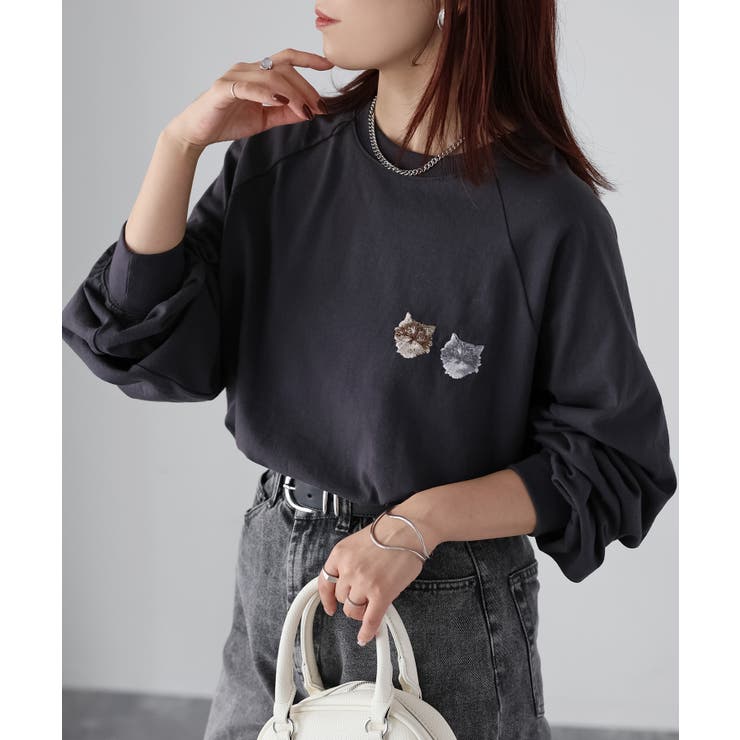 チャコールグレー | ネコ刺繍ラグランロンT | Riberry