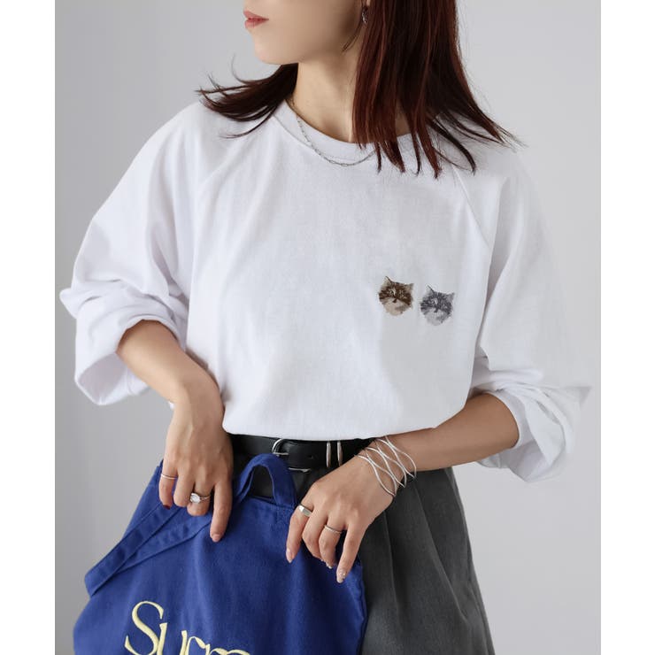 オフホワイト | ネコ刺繍ラグランロンT | Riberry