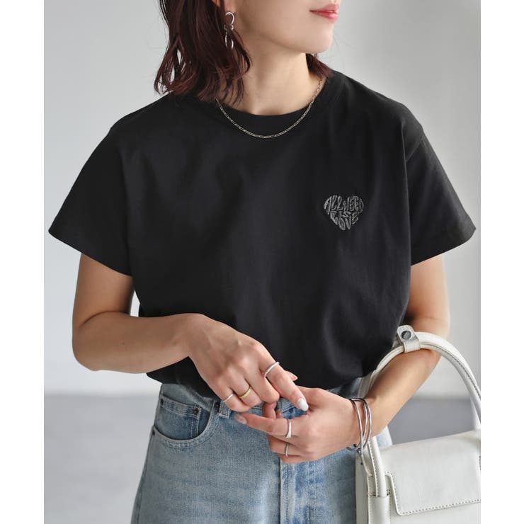 ブラック×グレー | ハートロゴラメ刺繍コンパクトTシャツ | Riberry