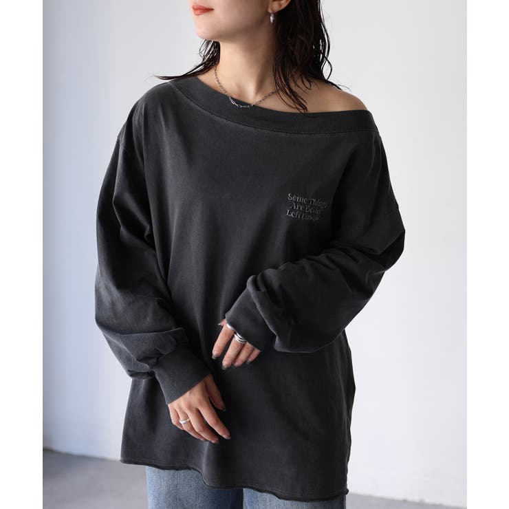 チャコールグレー | ロゴ刺繍オフショルピグメントロンT | Riberry