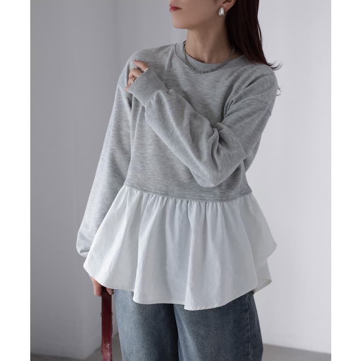 杢グレー | 裏毛ペプラム異素材ドッキングスウェット | Riberry