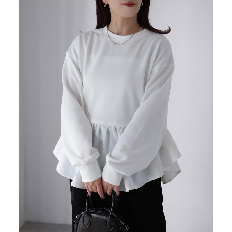 オフホワイト | 裏毛ペプラム異素材ドッキングスウェット | Riberry