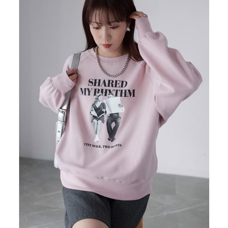 ピンク | 【体型カバー】裏起毛フォトプリントスウェット カジュアル 秋冬 | Riberry