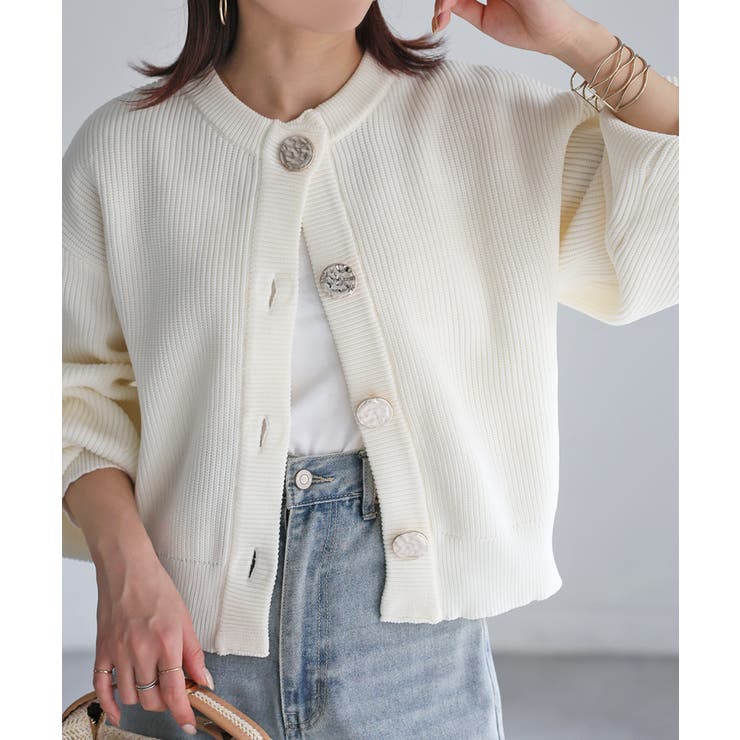 オフホワイト | ビックボタン畦編みニットショートカーディガン | Riberry