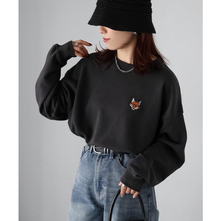 チャコールグレー | 【体型カバー】めがねキツネ胸刺繍スウェット／カジュアル／春／トレーナー | Riberry