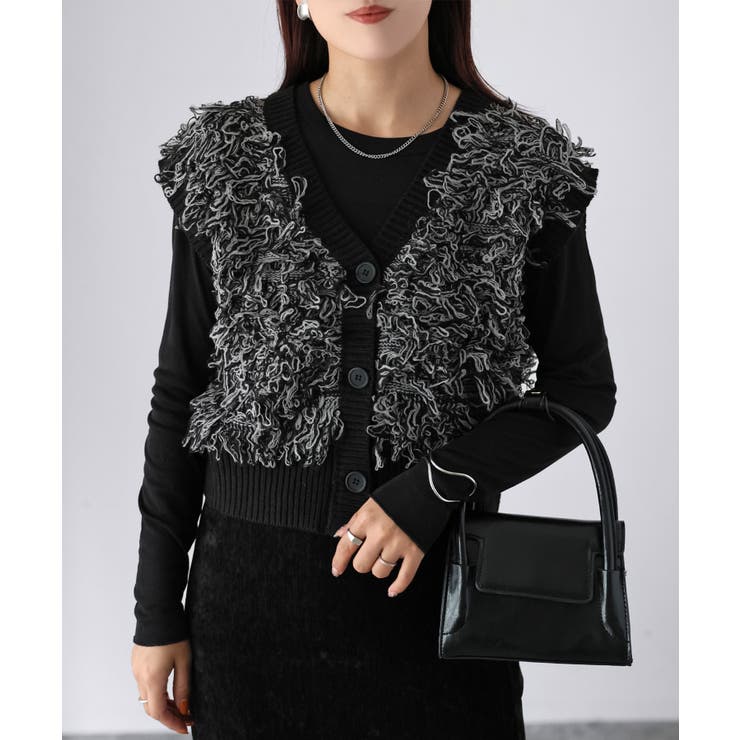 【レイヤードで体型カバー】フリンジニットベスト／大人カジュアル／春／Vネック | Riberry | 詳細画像1 