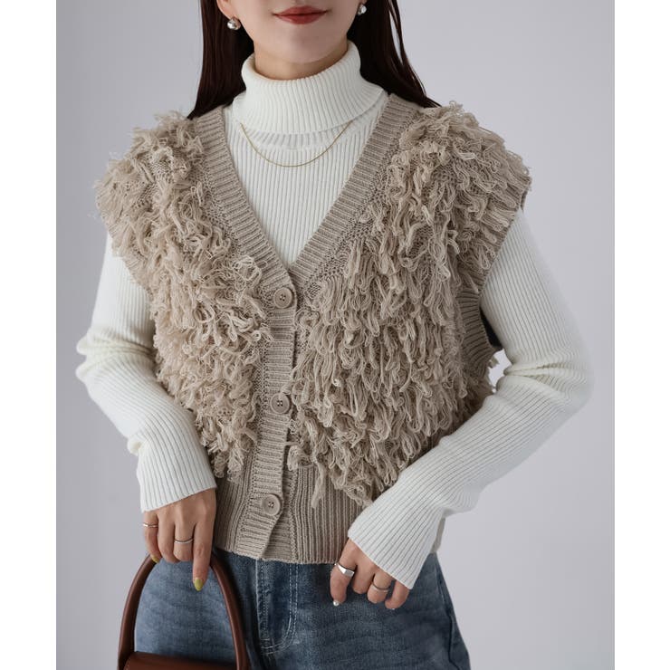ベージュ | 【レイヤードで体型カバー】フリンジニットベスト／大人カジュアル／春／Vネック | Riberry