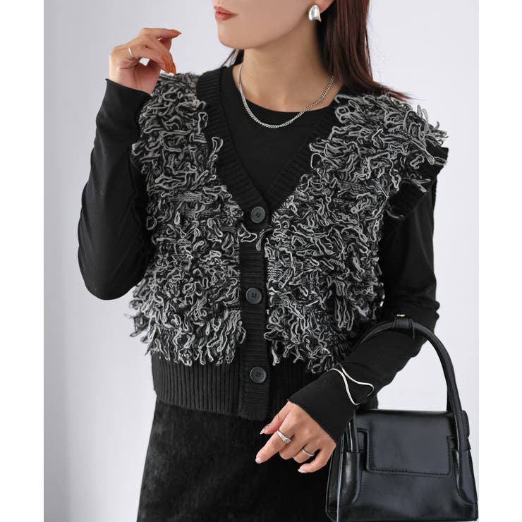 ブラック | 【レイヤードで体型カバー】フリンジニットベスト／大人カジュアル／春／Vネック | Riberry