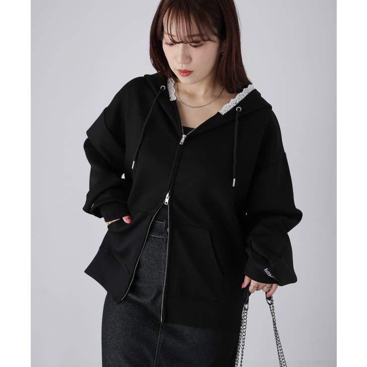 ブラック | 袖ロゴ刺繍レースダブルジップパーカー | Riberry