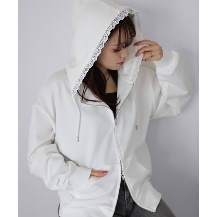 オフホワイト | 袖ロゴ刺繍レースダブルジップパーカー | Riberry