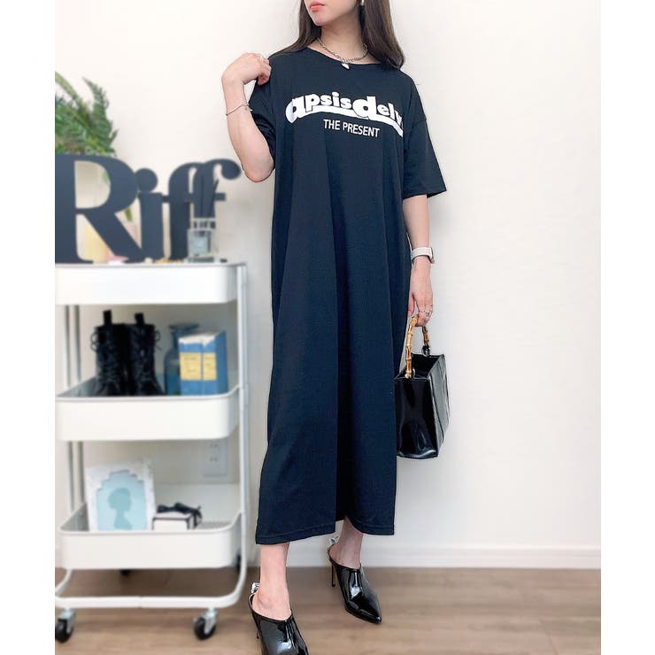 スリット入りMORE半袖ワンピース ロングワンピース Tシャツワンピース