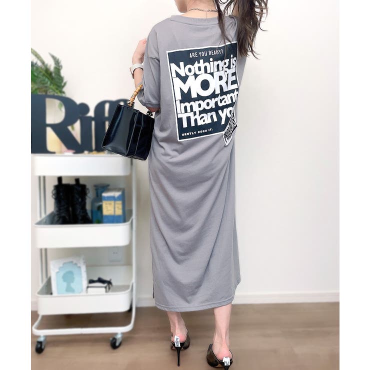 スリット入りMORE半袖ワンピース ロングワンピース Tシャツワンピース