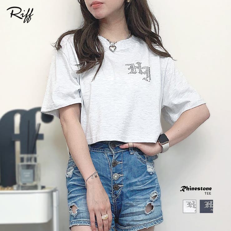 重ねロゴラインストーンPTショート半袖Tシャツ クロップド丈