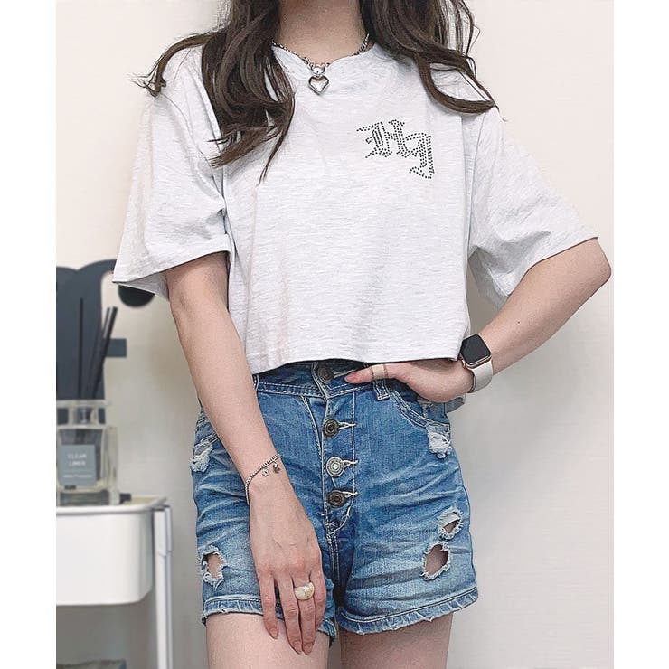 25116　ハイネック　花柄　黒　ラインストーン　ロゴ　Tシャツ　コットン　半袖 ラインストーン付きクロップドTシャツ/ビジュー（Tシャツ