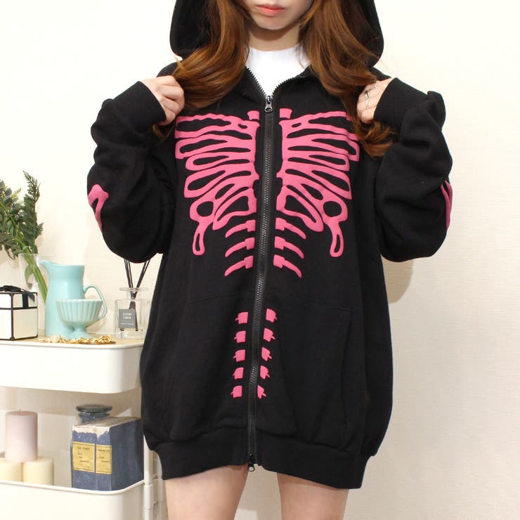 スカル発泡PT裏毛BIGジップパーカー スケルトン 骨[品番：NETW0001346