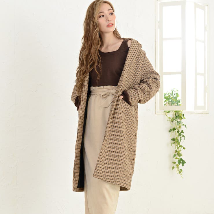 DKNY ツイードコート 丸襟 総裏 チェック サイズ4*XC733 グレンチェック ワイドボディ ステンカラーコート【総裏】｜ES:S（エス