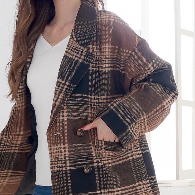 ミドル丈チェック柄ジャケット アウター ツイード[品番：NETW0000733