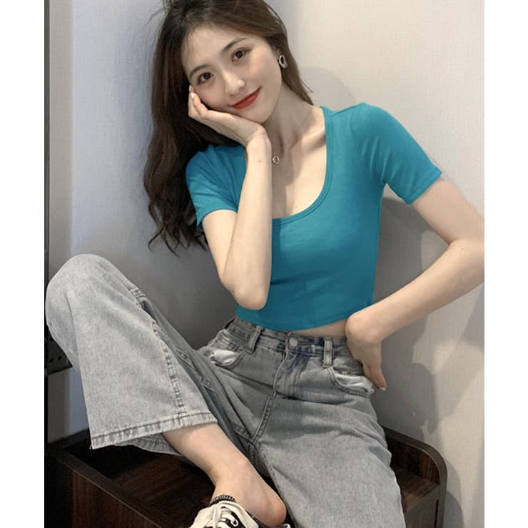UネックカラーTシャツ ショート丈 クロップド丈[品番