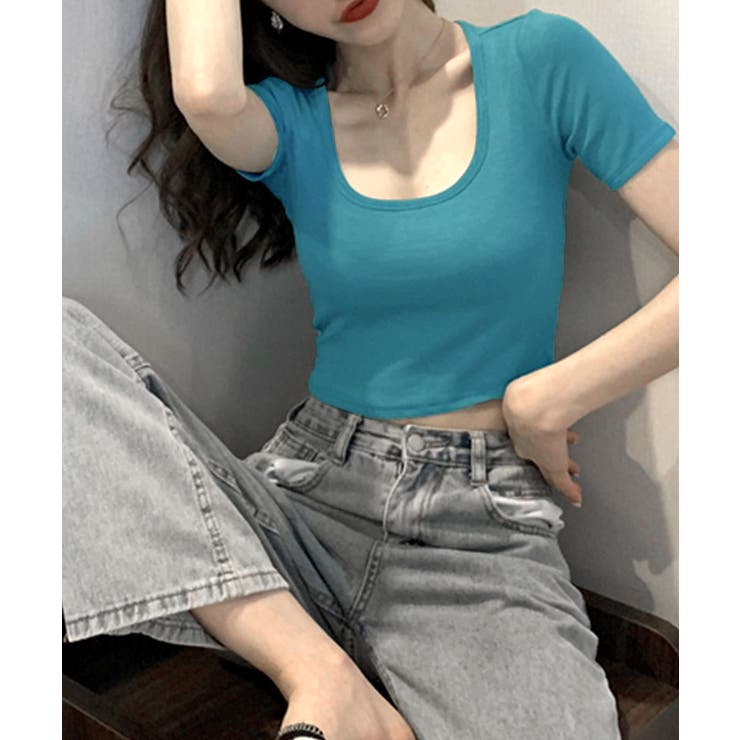 ブルーグリーン | UネックカラーTシャツ ショート丈 クロップド丈 | Riff