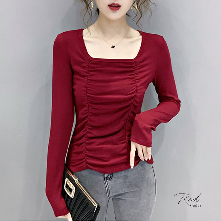 スクエアネックシャーリング長袖トップス カットソー トップス