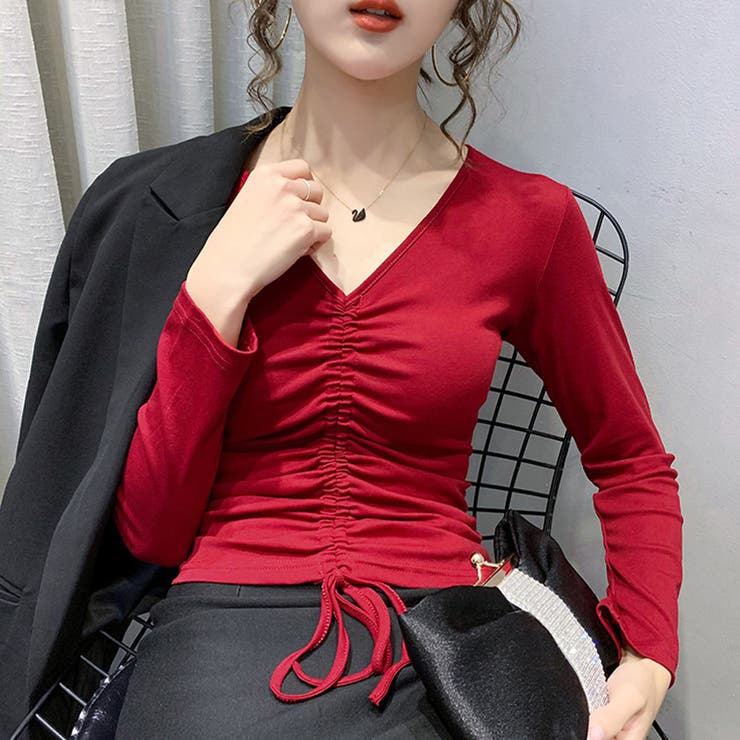 Vネックシャーリングトップス カットソー トップス[品番：NETW0000421