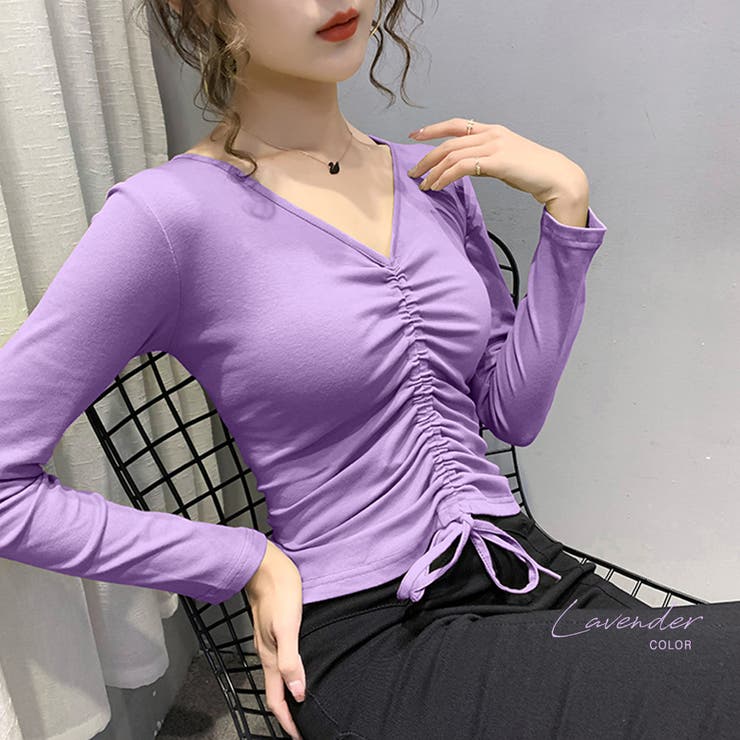 Vネックシャーリングトップス カットソー トップス[品番：NETW0000421