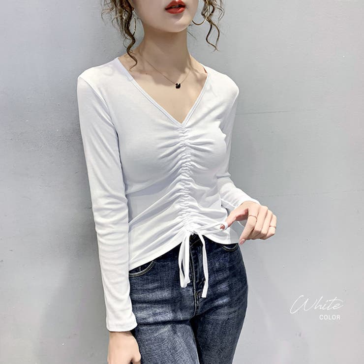 Vネックシャーリングトップス カットソー トップス[品番：NETW0000421