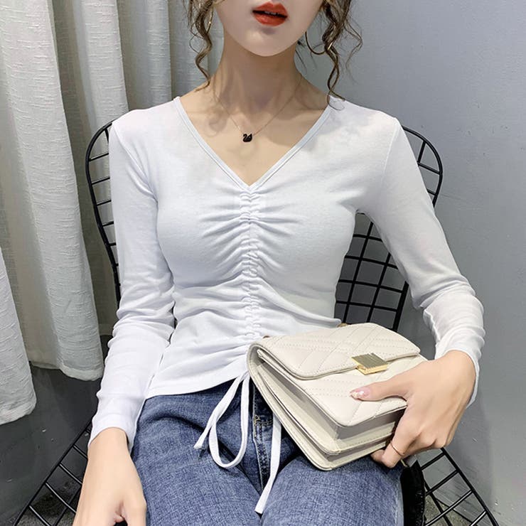 Vネックシャーリングトップス カットソー トップス[品番：NETW0000421