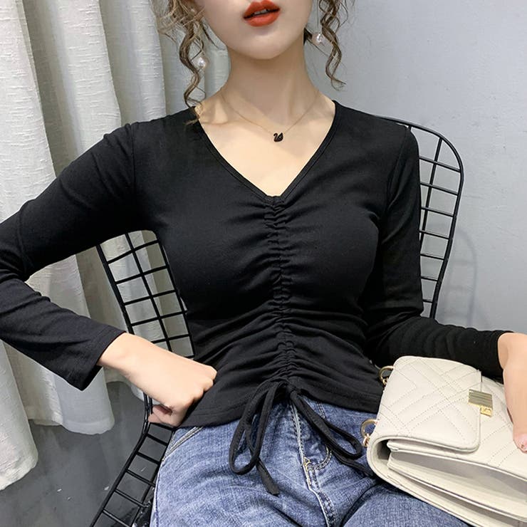 Vネックシャーリングトップス カットソー トップス[品番：NETW0000421