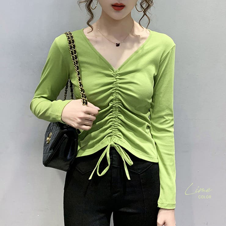 Vネックシャーリングトップス カットソー トップス[品番：NETW0000421