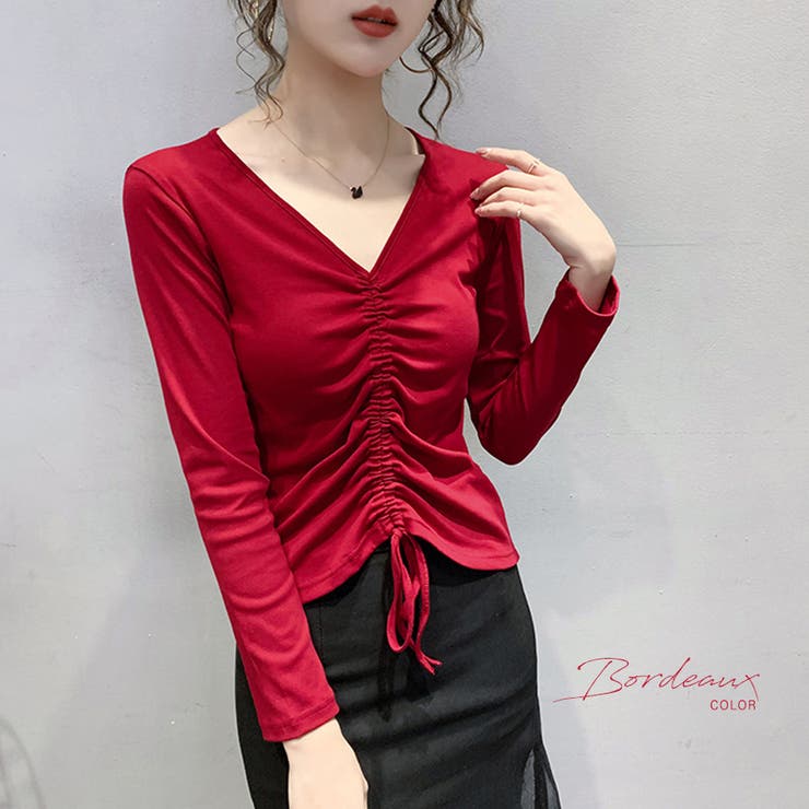 Vネックシャーリングトップス カットソー トップス[品番：NETW0000421