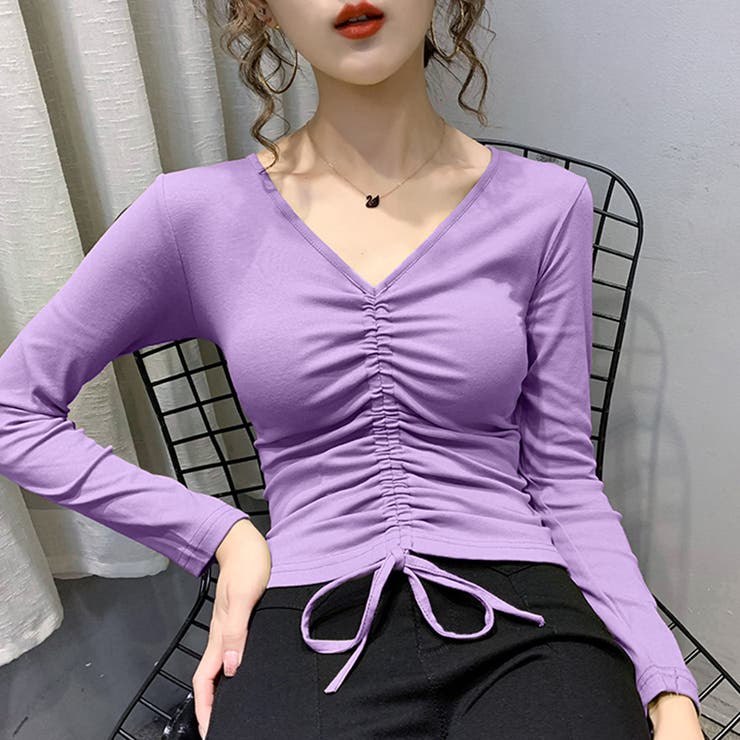 Vネックシャーリングトップス カットソー トップス[品番：NETW0000421