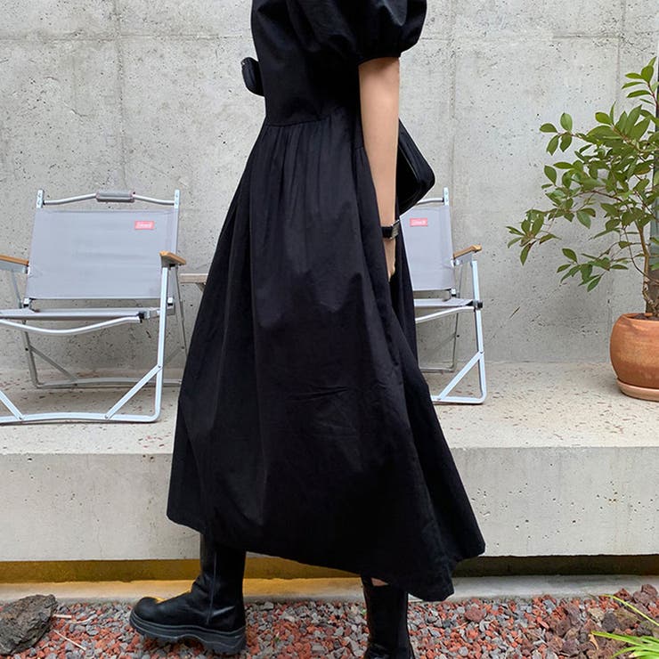 パフスリーブワンピース Vネック スキッパー[品番:NETW0000668 パフスリーブワンピース Vネック スキッパー[品番:NETW0000668