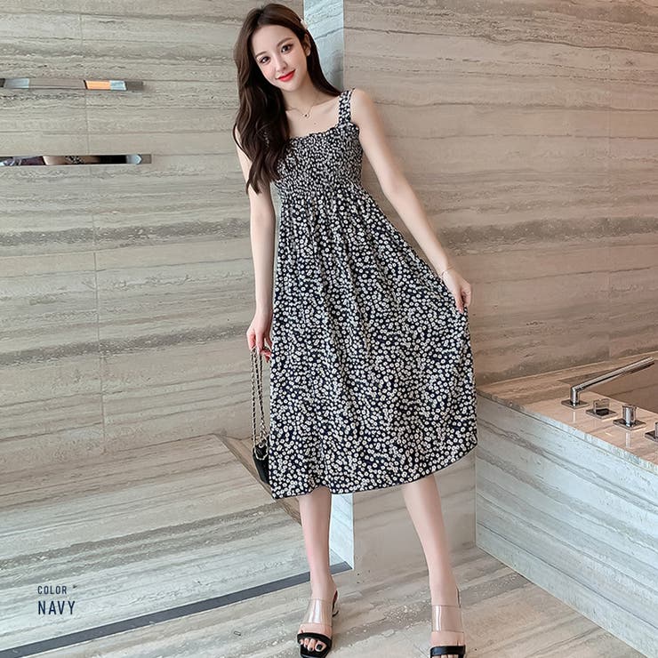 小花柄シャーリングワンピース ロングワンピース シフォン