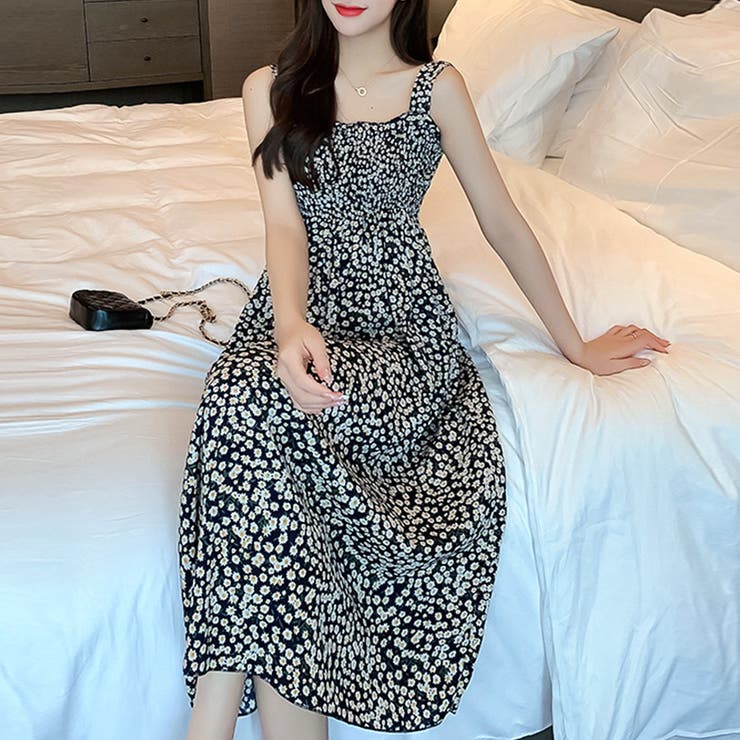 小花柄シャーリングワンピース ロングワンピース シフォン