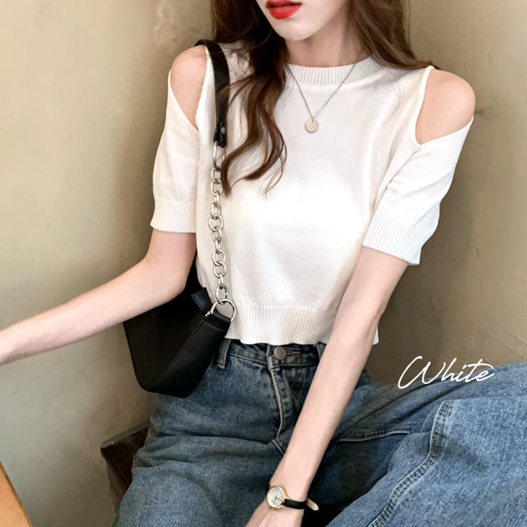 肩開きショート丈トップス Tシャツ カットソー[品番