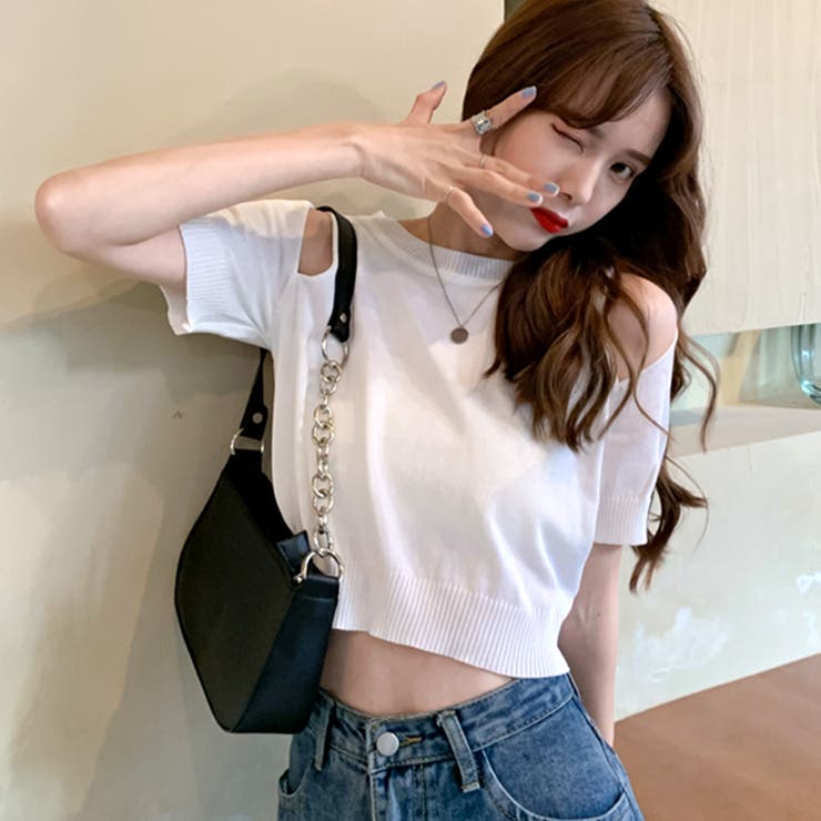 肩開きショート丈トップス Tシャツ カットソー[品番