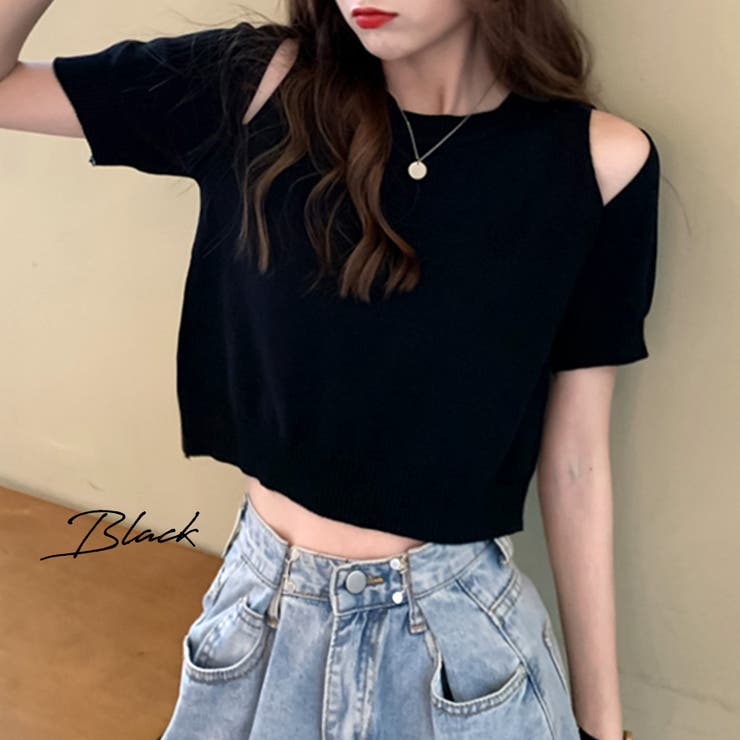 肩開きショート丈トップス Tシャツ カットソー[品番