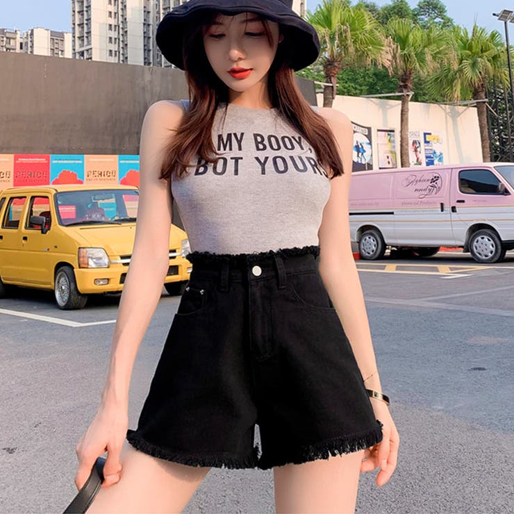 フリンジハイウエストショートパンツ デニム ショーパン[品番