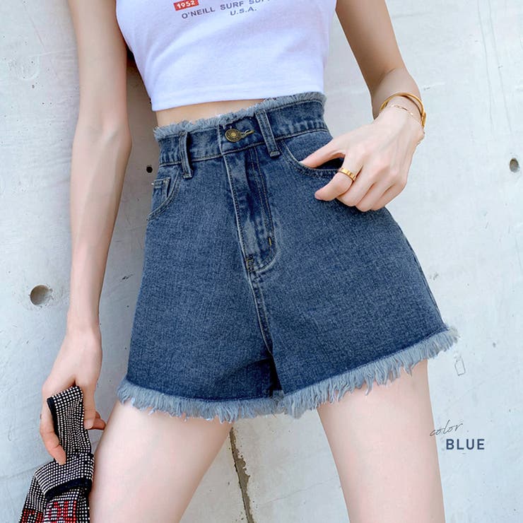 フリンジハイウエストショートパンツ デニム ショーパン[品番